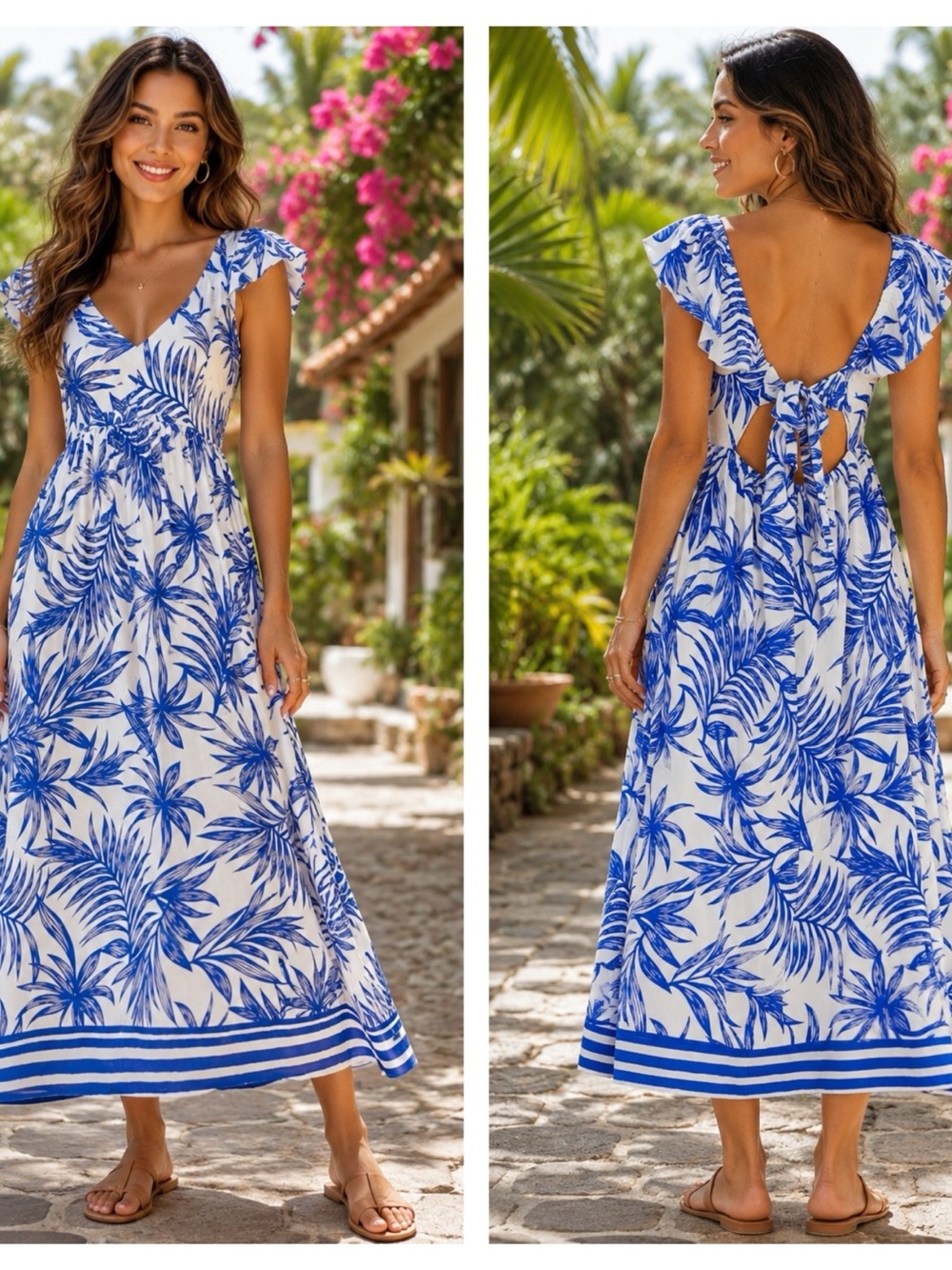 🌟B708. Stylish Breezy Tropical Tie-Back Maxi Dress